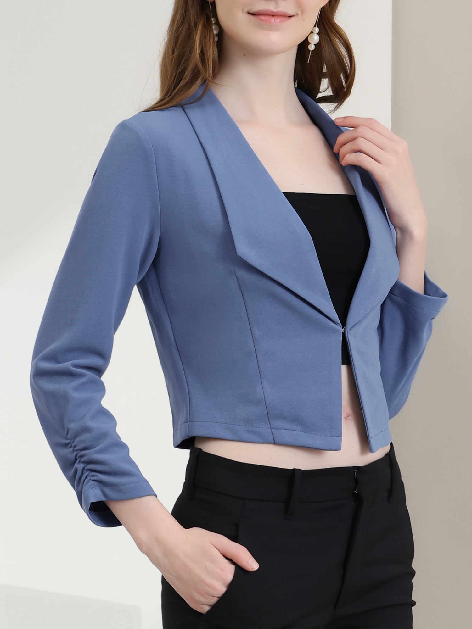 DARING DIVA Women's Notched Lapel Ruched Sleeve Crop Blazer S Blue Grey