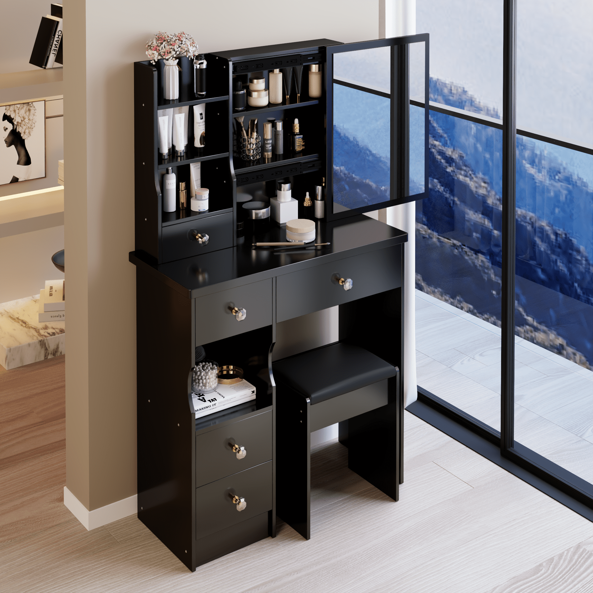 29.2" Small Space Left Drawer Desktop Vanity Table + Cushioned Stool, Extra Large Right sliding mirror, Multi Layer High Capacity Storage, Practical Fashionable Dresser, Suitable For Small Space