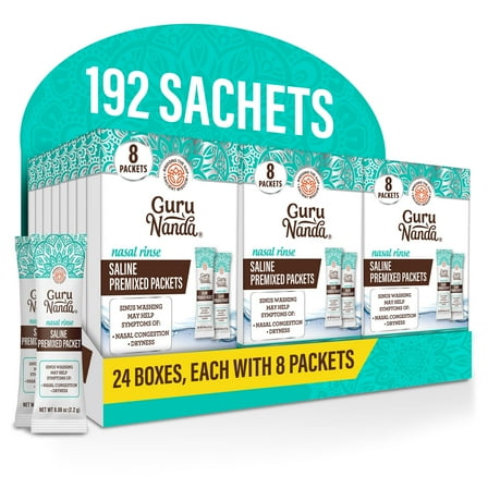 GuruNanda PreMixed Saline Packets for Nasal Rinse (192 Count), All Natural Sinus Rinse Packets to Help with Allergies & Congestion Relief, 0.08oz Each