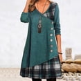 thumbnail image 2 of Baqcunre Fall Dresses Womens Long Sleeve V Neck Patchwork Dress Decorated Button Plaid Print Dress Long Sleeve Dress For Women Womens Dresses Green Dress M, 2 of 5