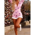 thumbnail image 4 of Women's Deep V Neck One Piece Shorts Bodysuit Furry Trim Long Sleeve Bodycon Jumpsuit Pajama Cute Heart Print Shorts Romper Valentines, 4 of 6