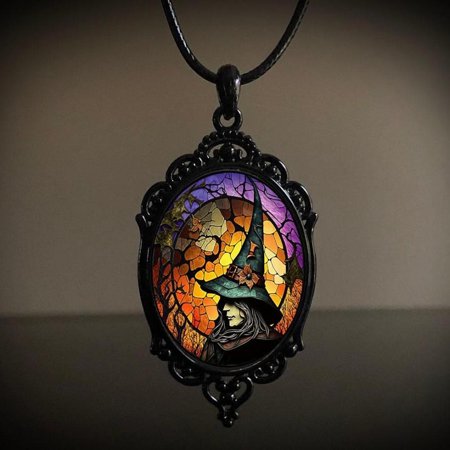 Oval Gothic Alloy Glass Pendant Necklaces for Women Black 17.72 inch(45cm)