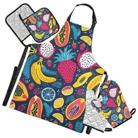 Fruit Pitaya Banana Strawberry Papaya 5 Pcs Kitchen Set Heat Resistant Oven Mitts and Non-Slip Pot Holders with Adjustable Cooking Apron