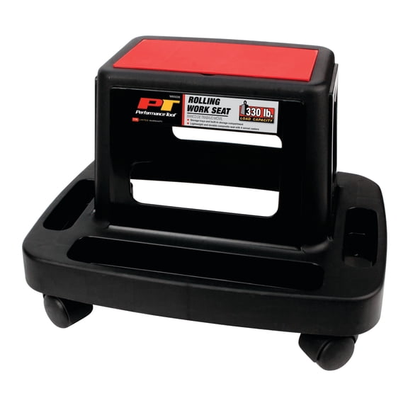 Performance Tool W85026 Multi-Slot Rolling Storage Work Seat for Garages and Workshops - 18 x 13.4 x 12.4 in. - Black/Red