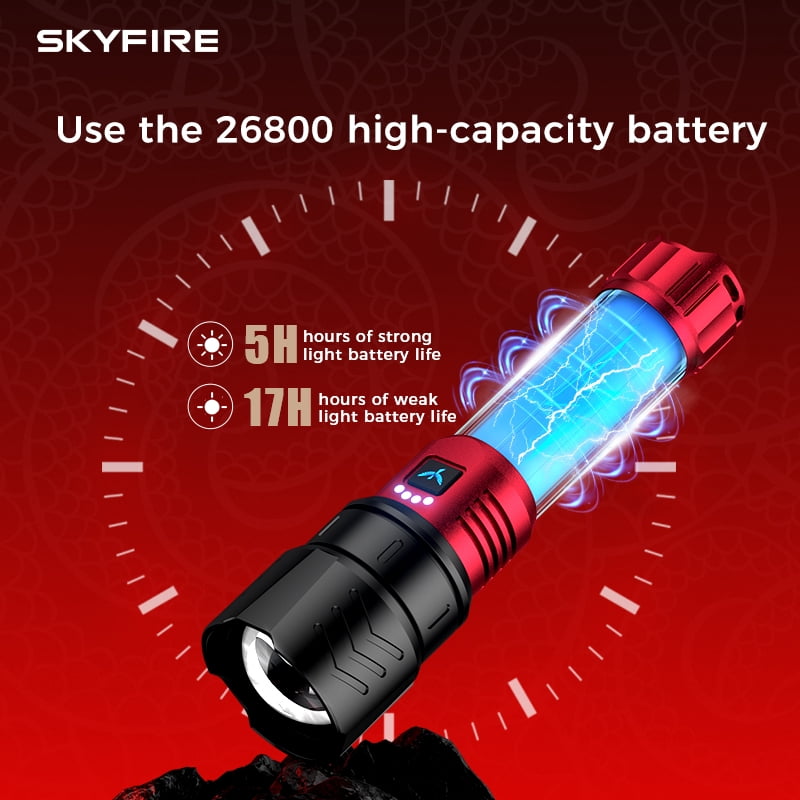 SKYFIRE Rechargeable LED Flashlight High Brightness, 4 Modes Yellow Blue Lens, 17hr Runtime for Camping Home Outdoor