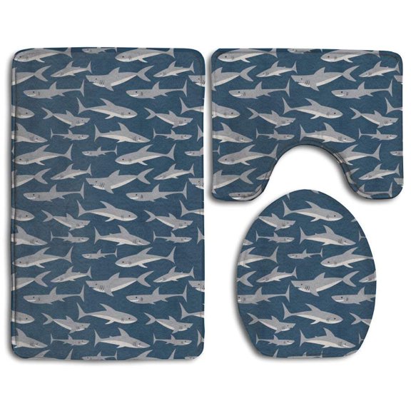 GOHAO Cute Shark EcoFriendly 3 Piece Bathroom Rugs Set Bath Rug Contour Mat and Toilet Lid Cover