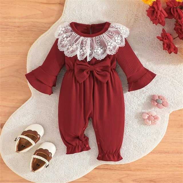 AherBiu Baby Rompers for Infant Girls Cotton Bodysuits Long Sleece Shirts Ruffle Sleeve Tops Fall Winter Solid Color Newborn Jumpsuits