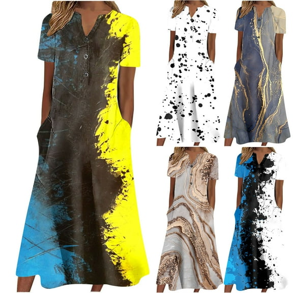 Azrian,Womens Plus Size Dress,Women's Summer Casual V-Neck Buttons Short Sleeve with Pocket Printed Swing Dresses in