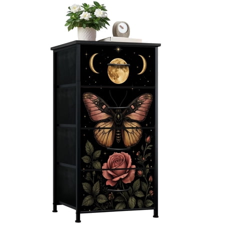 Gothic Dresser for Bedroom with 4 Storage Drawers Butterfly Rose Crescent Moon moth Night Sky Dressers Chest of Drawers Steel Framed Fabric Closet Organizers for Dorm Entryway Girls Women