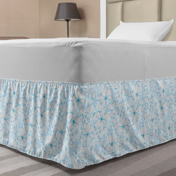 Blue Bed Skirt, Abstract Flowers with Heart Shaped Leaves Romantic Fresh Beauty in Nature, Elastic Bedskirt Dust Ruffle Wrap Around for Bedding Decor, 4 Sizes, Pale Blue Aqua White, by Ambesonne