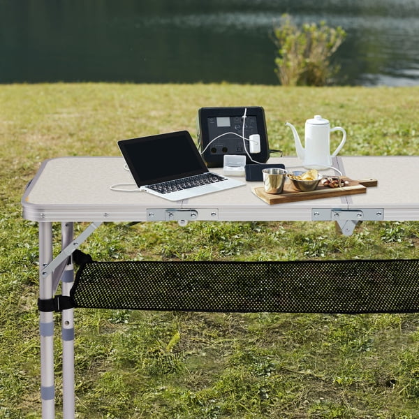 White Folding Camping Table with 3 Height Settings & Mesh Storage Shelf, 110lb Capacity Portable Table for Outdoor Dining & Activities