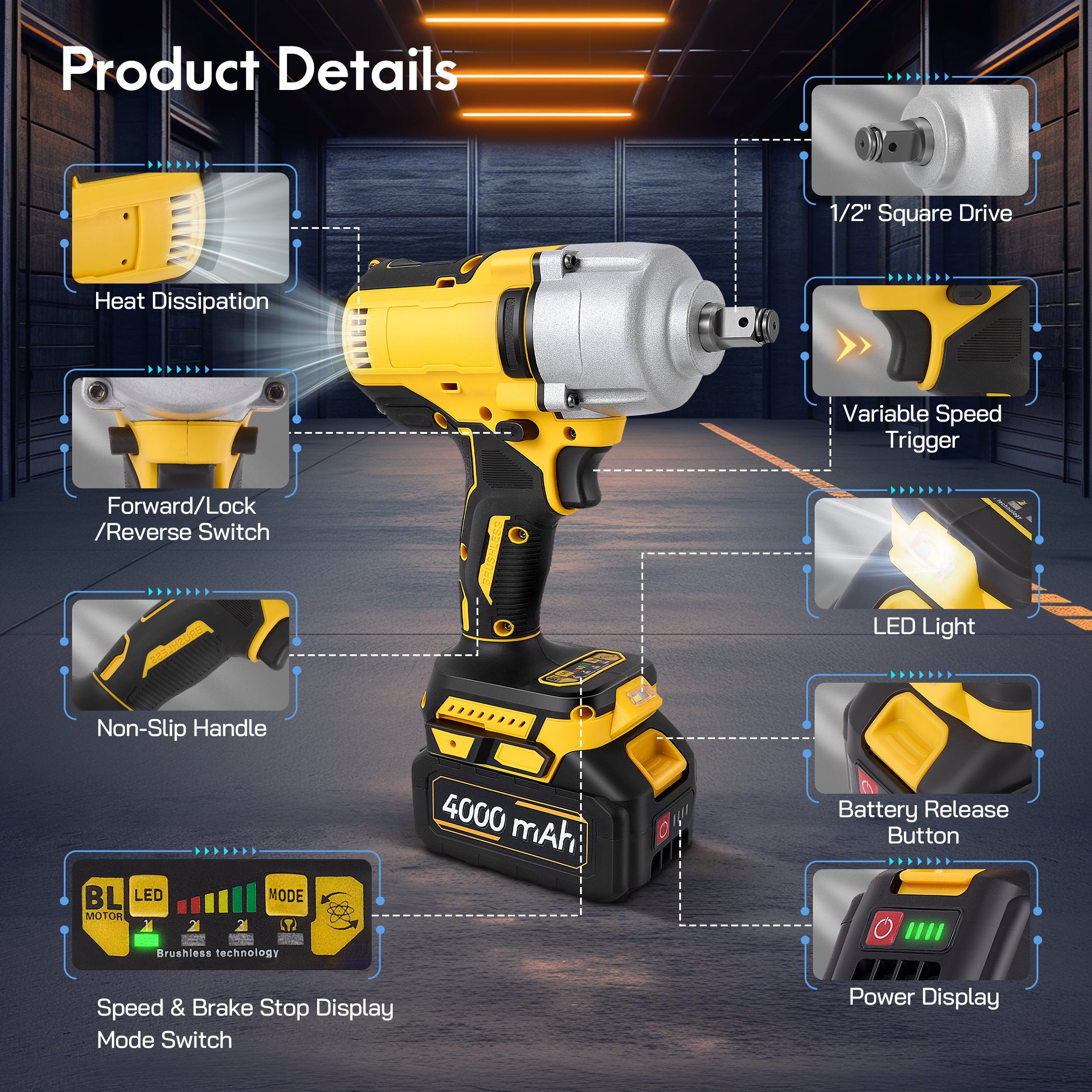 RELOIVE 1/2" Cordless Impact Wrench, Max Torque 737.562 ft-lbs(1000 N.m),3800 RPM Brushless Motor, 2 x 4.0Ah Batteries, 3 Speed Modes with Stepless Adjustment, Power Impact Wrench for Home, Car, Tire