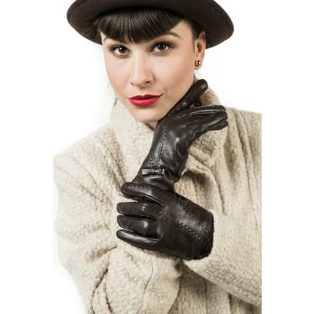Marino Womens Warm Fashion Leather Gloves, Extreme Cold Weather Waterproof Gloves with Insulation Liner Long Sleeves With Bow Design - Brown - (Best Glove Liners For Cold Weather)