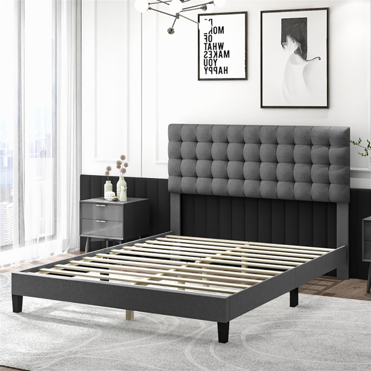 Demi Bonn Queen Size Upholstered Platform Bed Frame with Square Stitched Headboard and Wooden Slats Support, Fully Upholstered Mattress Foundation, Gray