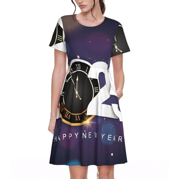 Balery 2025 Happy New Year 4 Vestidos sueltos de manga corta para mujer, vestidos de verano 2025, vestidos casuales de corte A con vuelo.