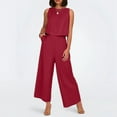 thumbnail image 2 of Conjunto de dos piezas de lino de color liso para mujer: top corto sin mangas con botones y pantalones de pierna ancha, tejido transpirable para el verano, 2 of 8