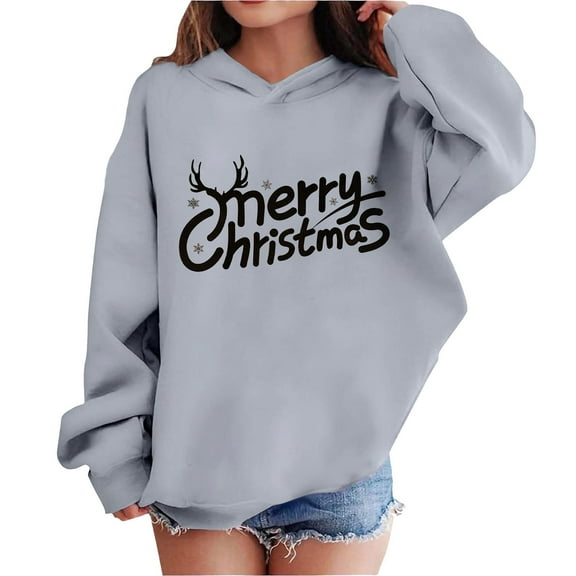 Atogsazn Kids Girls Christmas Hoodies Casual Oversized Fleece Long Sleeve Pullover Sweatshirt Fall Winter Tops Clothes 03-Gray 13-14 Years Fashion