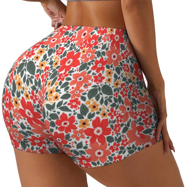 Fotbe Small Coral Red Flowers Shorts Sin Costuras – Shorts Deportivos de Cintura Alta para Mujer, Elásticos para Gimnasio, Yoga, Running o Ciclismo-Medium