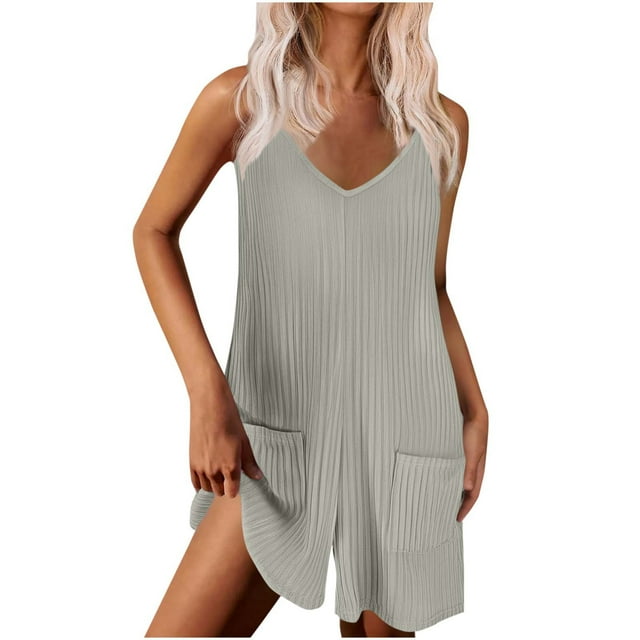 Romper Shorts Rompers for Women Summer Casual Sleeveless Spaghetti Strap V-Neck Jumpsuit Ribbed Shorts Overalls with Pockets Womens Rompers and Jumpsuits Gray L