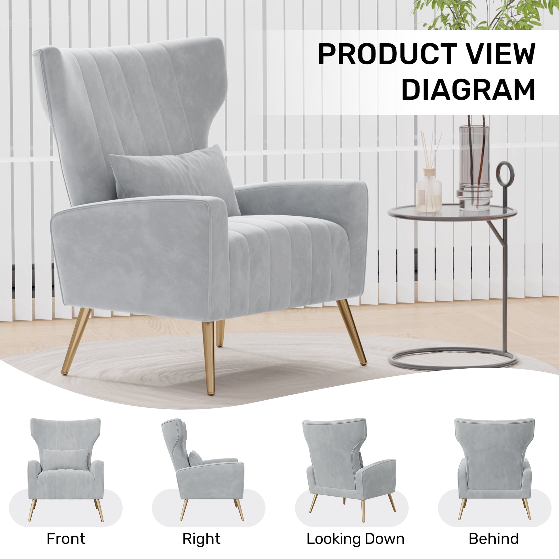 MOONMISS Velvet Accent Chair for Living Room, Modern Arm Chair with Pillow, Single Sofa Lounge Chair for Bedroom & Reading Room,Light Gray