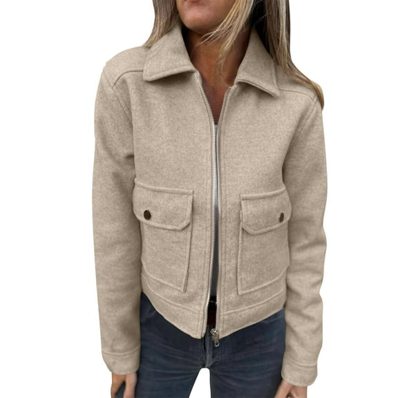 Bixock Outerwear for Women Fall and Winter Solid Color Zipper Double Pocket Long Sleeve No Hood Casual Jacket