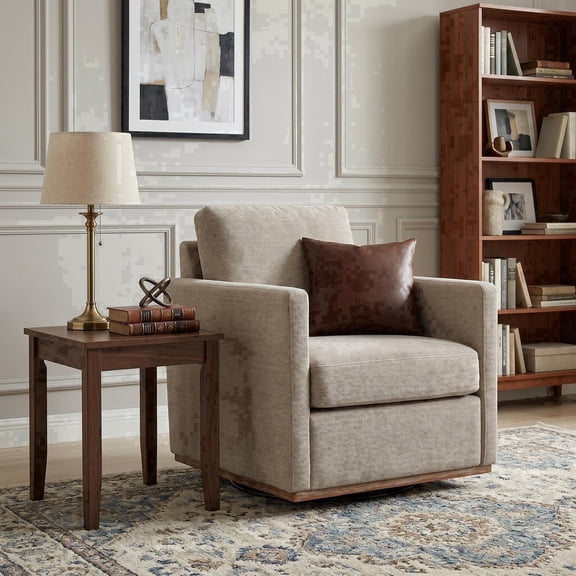 Modern Swivel Accent Chair with Solid Wooden Base , Contemporary Armchair for Living Room & Bedroom, Taupe