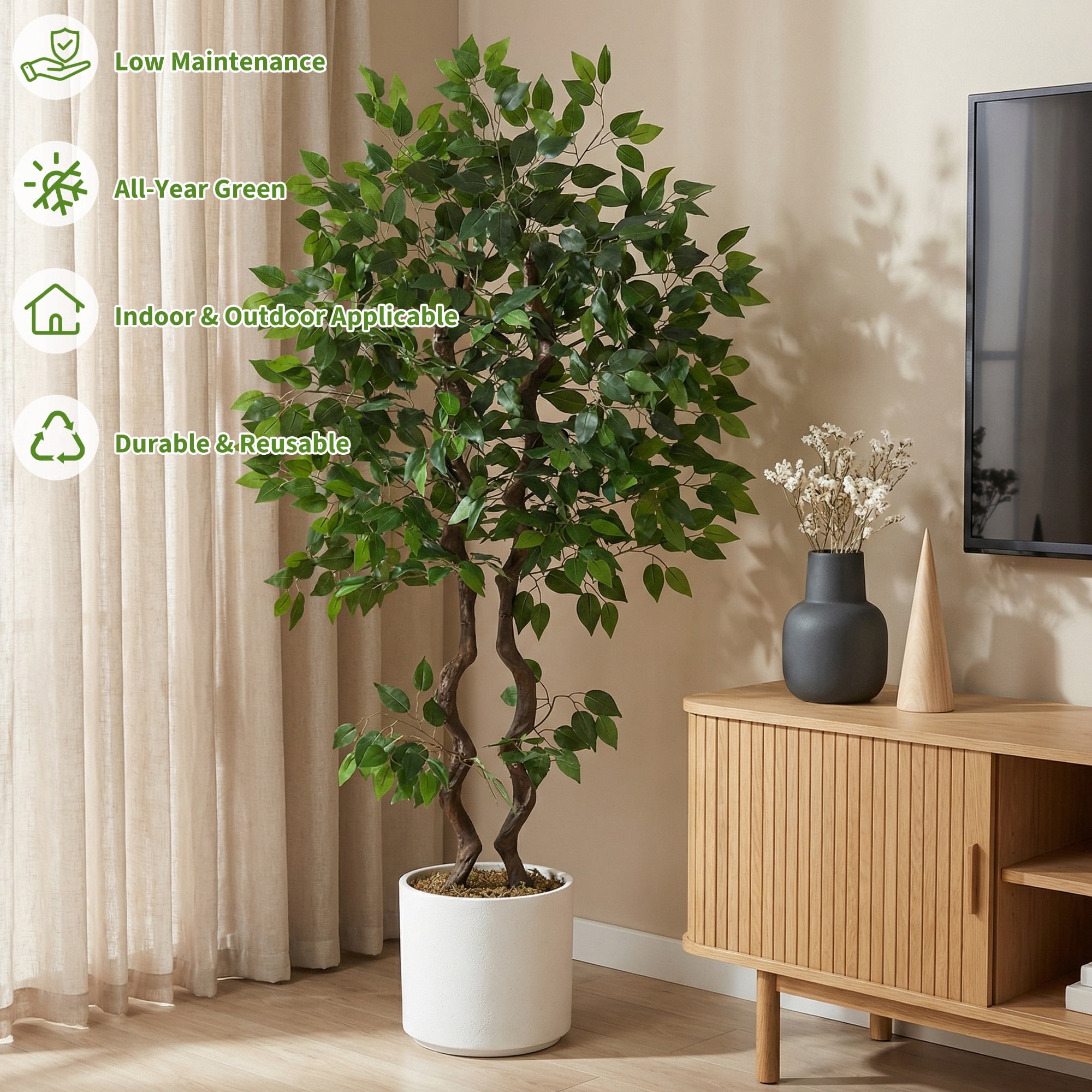 5ft Artificial Ficus Tree, Tall Faux Banyan Tree Floor Plant with Realistic PVC Trunk and Full Dense Foliage, Indoor Home Office Living Room Decor