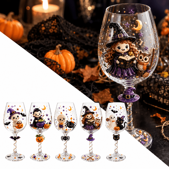 Halloween 3D Wine Glass Collection Gift Box Set, 3D Sculpted Pumpkin Witch Wine Glass, Elegant Clear Stemmed Goblet for Halloween Drinks, Table Centerpiece, Bar Decoration and Gift, Pumpkin Witch
