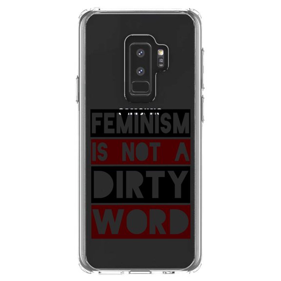 DistinctInk Clear Shockproof Hybrid Case for Samsung Galaxy S9  PLUS (6.2" Screen) - TPU Bumper Acrylic Back Tempered Glass Screen Protector - Feminism is NOT A Dirty Word