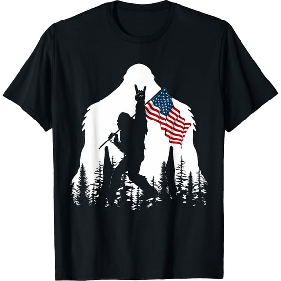 Bigfoot Rock On Hold American Flag Sasquatch Believers T-Shirt men and women can wear, black, white, gifts