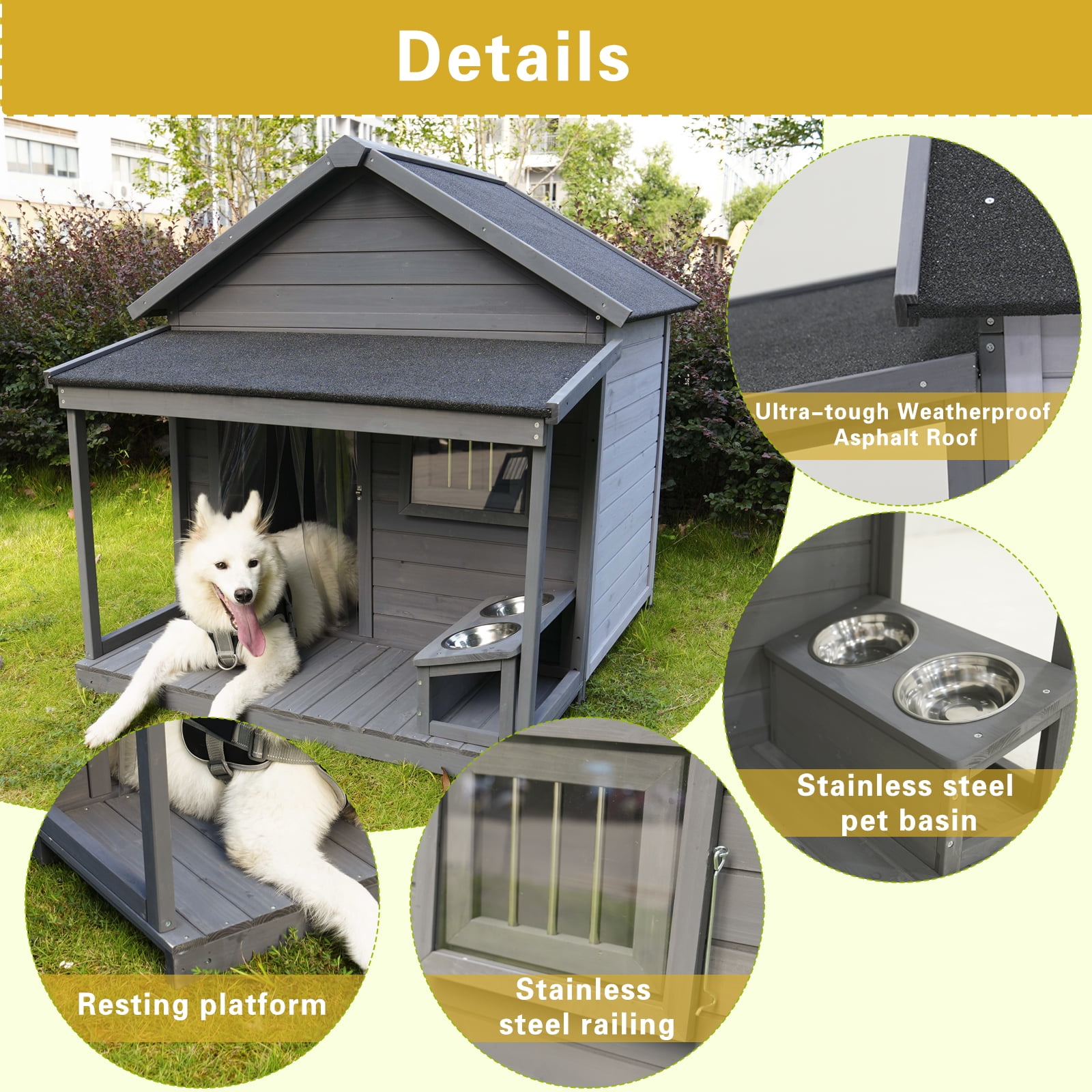ZephyPaws Large Outdoor Wood Dog House with Spacious Terrace,Breathable Window 2 Feeding Stainless Bowls,Dog Kennel with Asphalt Roof,Dog Cage with Resting Porch for Large Dogs,Gray