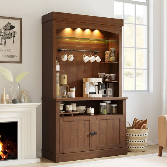 72" Tall Coffee Bar Cabinet with LED Lights – Farmhouse Kitchen Buffet with Microwave Stand, Wine Rack & Glass Shelves for Storage, Dining Room Sideboard Hutch