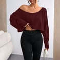 thumbnail image 2 of Womens Off Shoulder Long Sleeve Crop Tops Sexy Boat Neck Loose Casual T Shirt Wine 2XL, 2 of 7