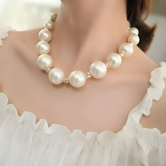 DESIGNICE Women's Gorgeous Big Pearl Rhinestone Bib Statement Chain Necklace