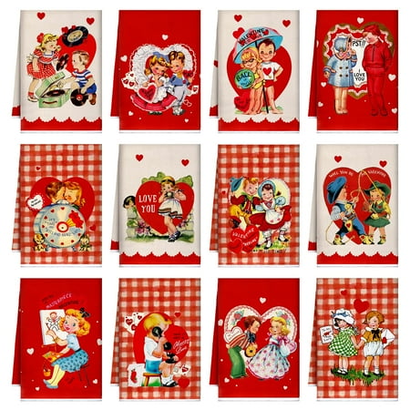 

FuWeave 12 Pcs Valentines Day Kitchen Towels 16 x 23.6 Inch Red Valentines Kitchen Decor Vintage Couple Heart Valentines Day Hand Towels Absorbent Microfiber Cloths for Bathroom Guest Anniversary C43