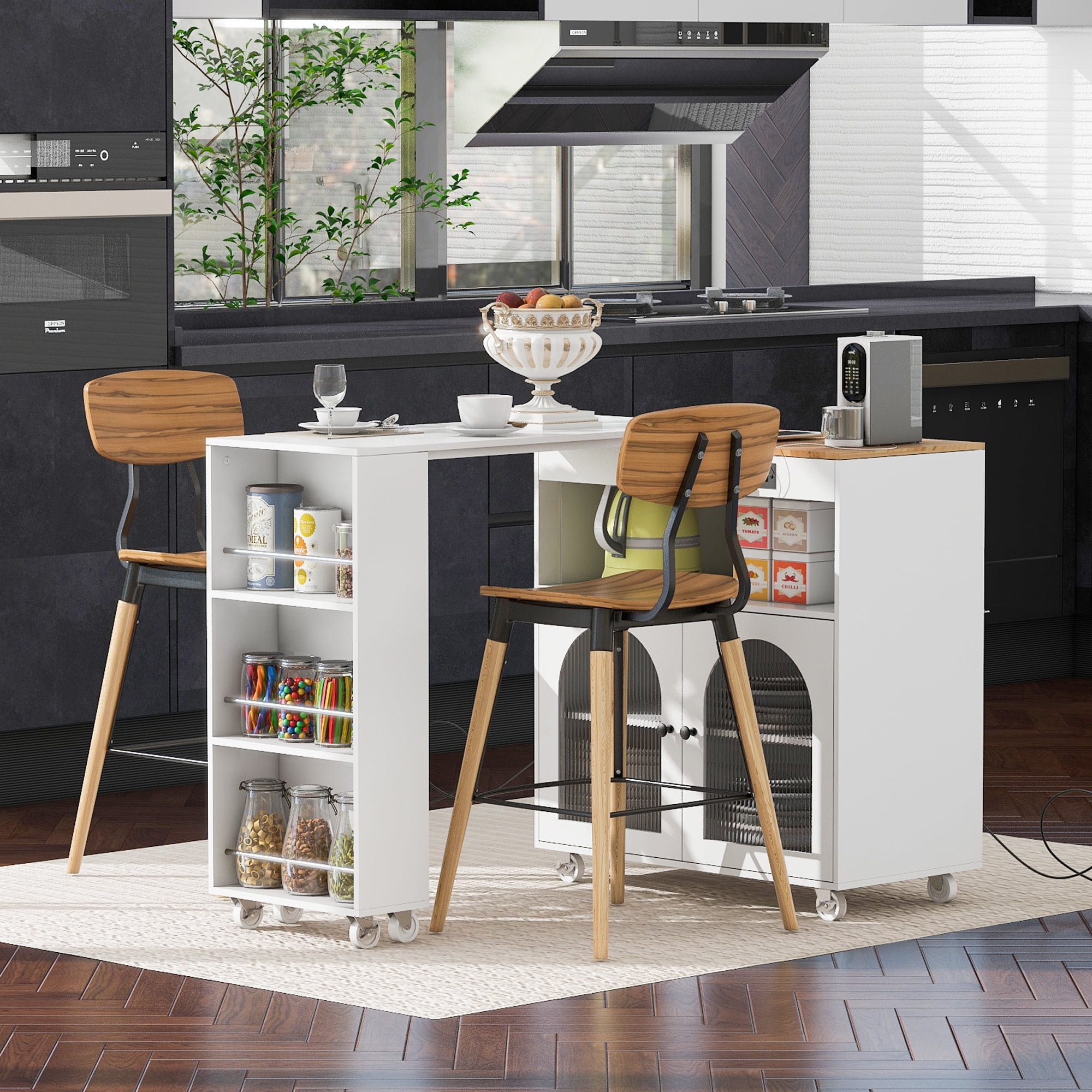 AENKYO Rolling Kitchen Island With Extended Table, Kitchen island on Wheels with LED Lights,Power Outlets,2 Fluted Glass Doors, Storage Compartment and Side 3 Open Shelves,White