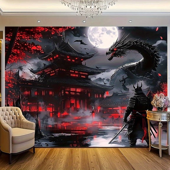 1pc, Samurai And Dragon Japanese-Style Wall Tapestry, Polyester Fabric, Medieval Fantasy Scenery with Red And Black Moonlit Night, Home Decor Wall Hanging
