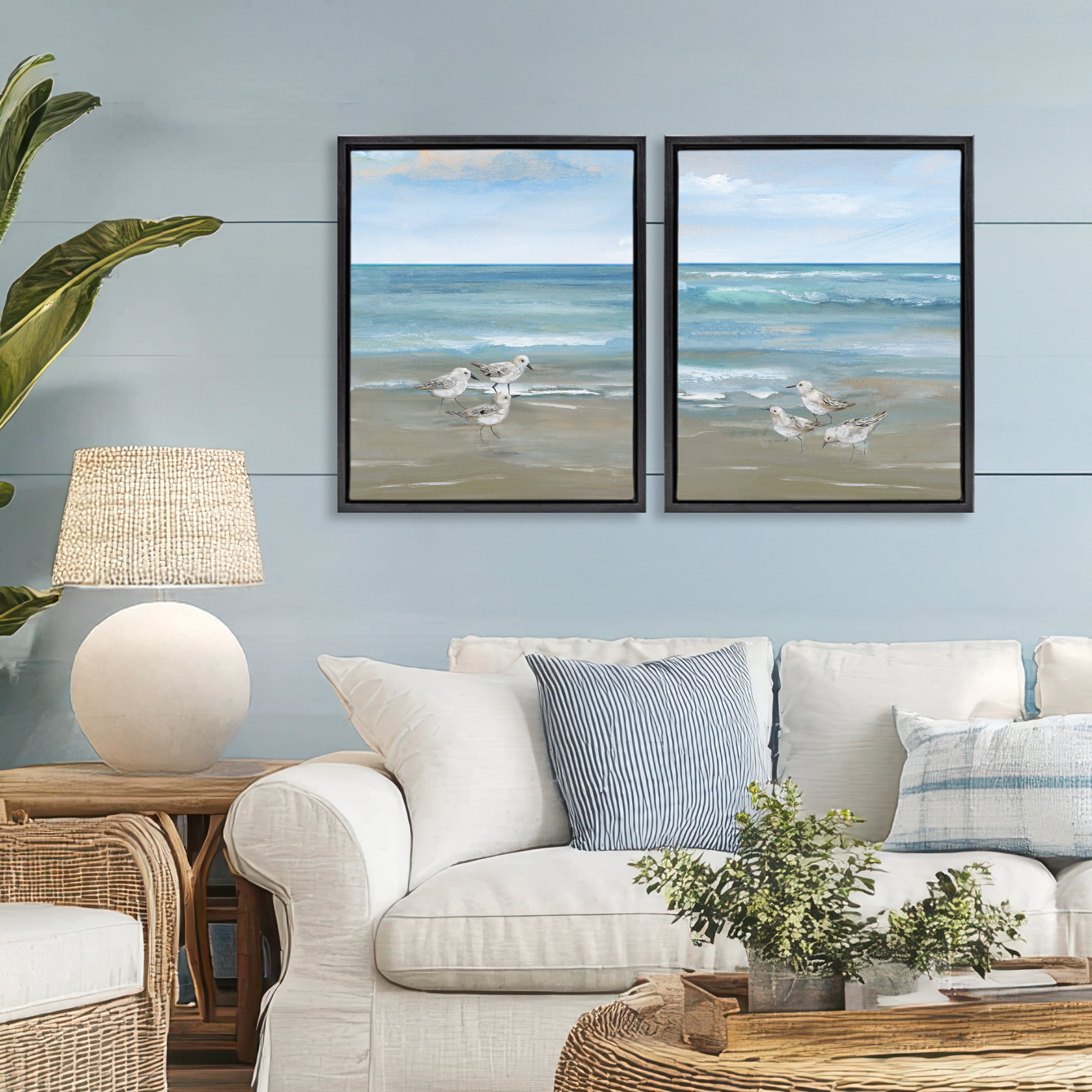 Stupell Industries Seaside Sanderlings at Dawn 2 Piece Black Framed Floater Canvas Set, design by Nan