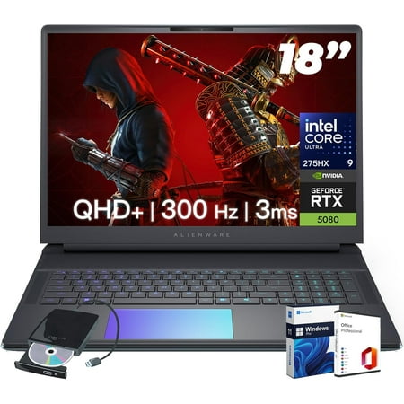 Alienware 18-inch Area-51 Gaming Laptop - GeForce RTX 5080 -18" QHD+ 300Hz - Intel Ultra 9 275HX - AlienFX RGB Lighting - Wi-Fi 7 - Ai NPU - Quad Fan Cooling, Windows 11 Pro(64GB DDR5, 8TB SSD)