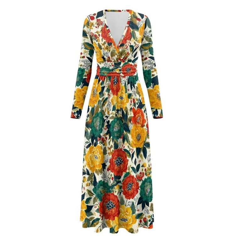 Fkelyi Retro Flower Print Womens Maxi Dress for Fall Casual Dress A-Line Tiered Flowy Long Sleeve Dresses with Side Pockets for Wedding Guest, 2XL
