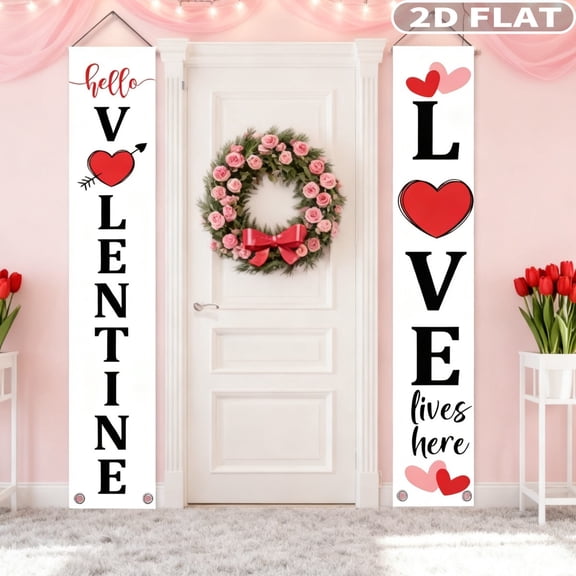 1pair Valentines Day Pendants and Hanging Decor Banner, Durable Polyester Hello Valentine Heart Love Door Banner Hanging Front Porch Sign Indoor Outdoor Party Decor