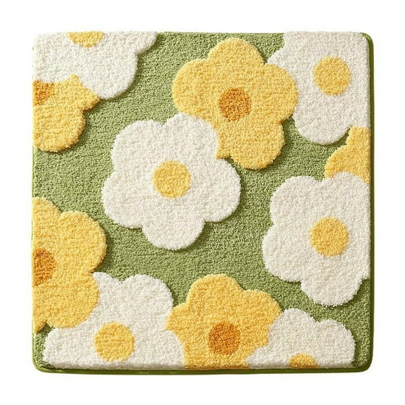 Floral Printed Shag Area Rug, Soft Plush Bath Mat, Square Green Plant Pattern, Rubber Non-Slip Backing, Machine Washable Great for Kitchen Bathroom Bedroom and Living Room