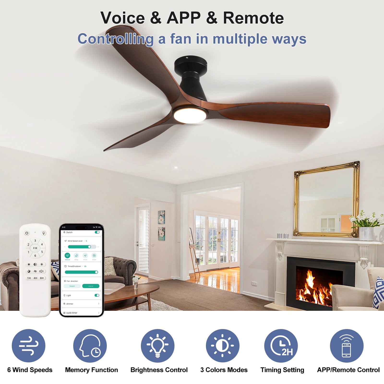 DingLiLighting 52-Inch Ceiling Fan with Lights: Walnut Flush Mount Ceiling Fan with Remote APP Control - Low Profile 3-Blade Fans for Indoor Outdoor 24W 3CCT Dimmable Timer DC Motor