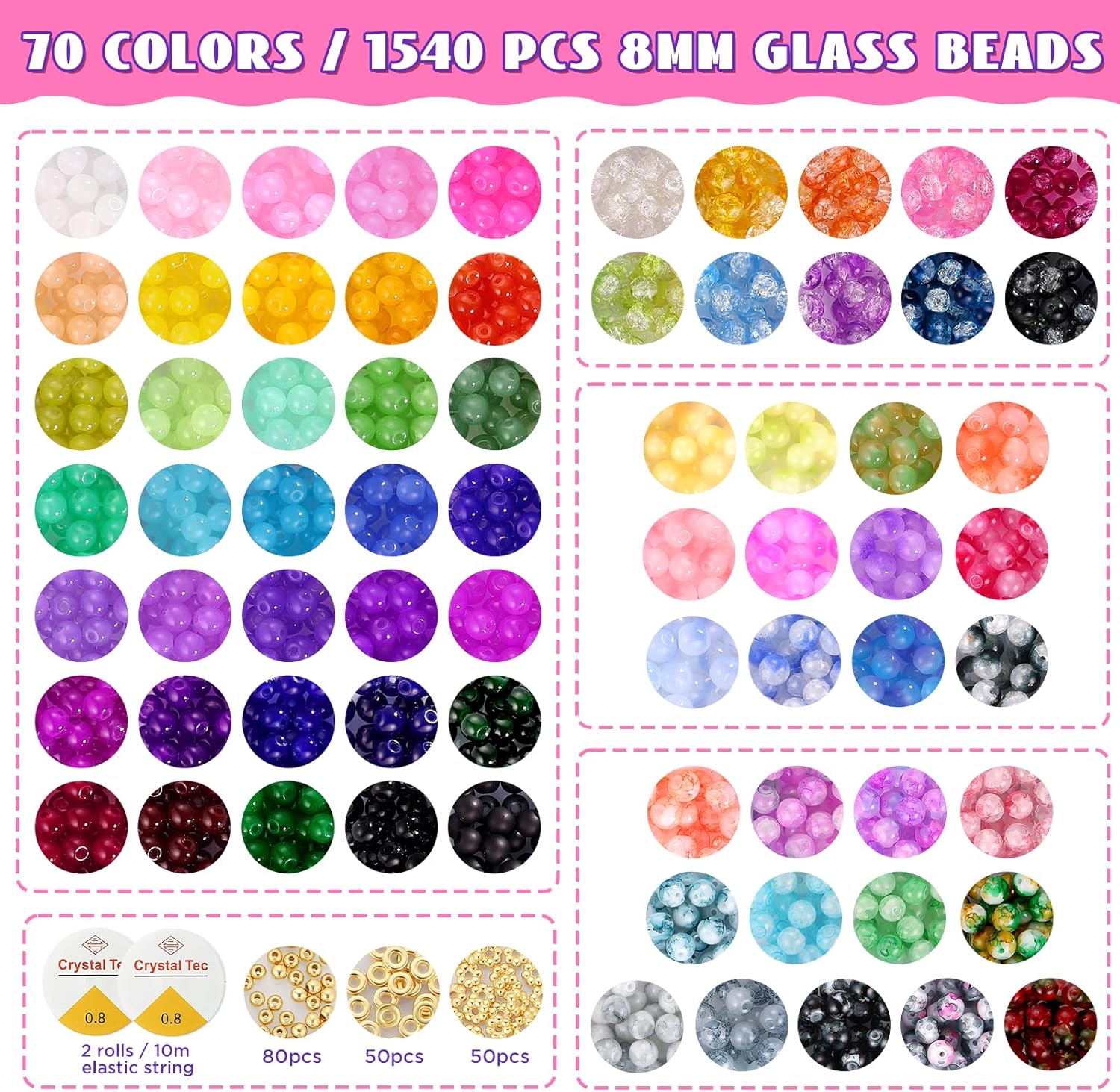 8mm Glass Beads Bracelet Making Kit, 1540pcs 70 Colors Crystal Beads for Jewelry Making, Round Glass Beads for Bracelets and DIY Crafts, Solid and Crackle Colors