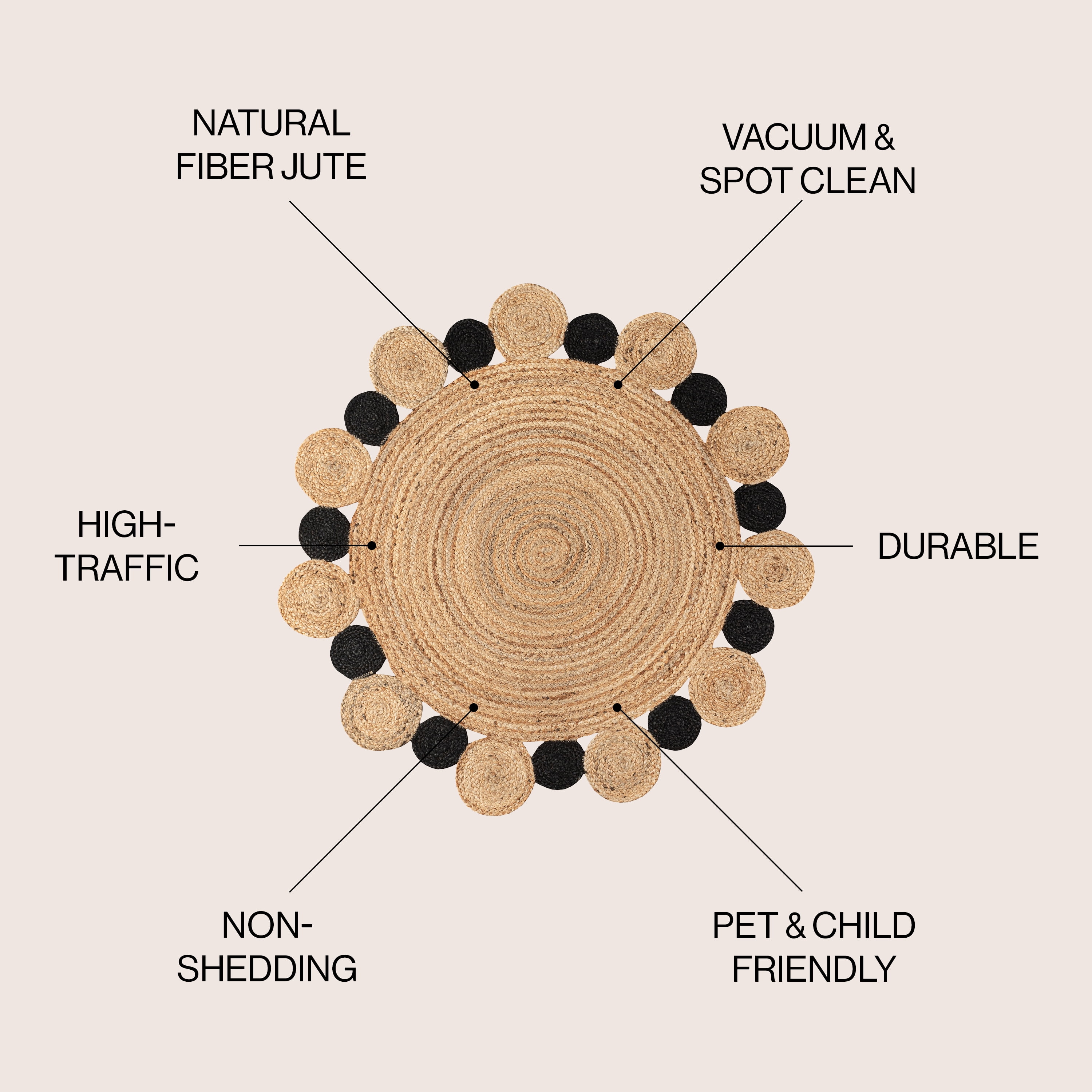 JONATHAN Y ANSA 5' Round Area Rug, Ayana Two-Tone Jute Hippy Circle - Natural/Black, RNF108A-5R