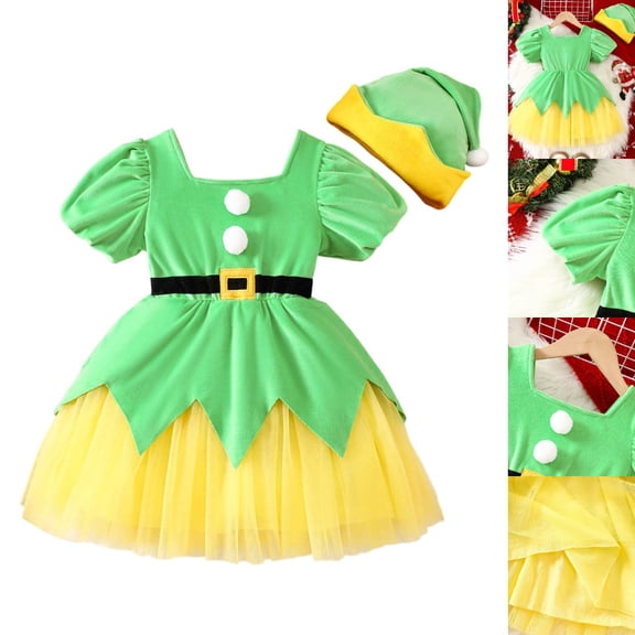 HJYCHN Christmas Dress Square Neck Short Puff Sleeve Elf Dress with Hat for Girls Dresses 4-5 Years
