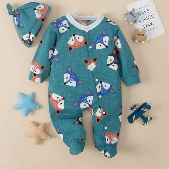 URMAGIC 0-12M Baby Boy Girls Long Sleeve Footed Jumpsuit Tops and Hat Clothes