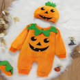thumbnail image 2 of Baby Boy Girl Halloween 3 Pcs Clothes Set Orange Pumpkin Face Pattern Romper Cap and Slipper Socks Sets, 2 of 6