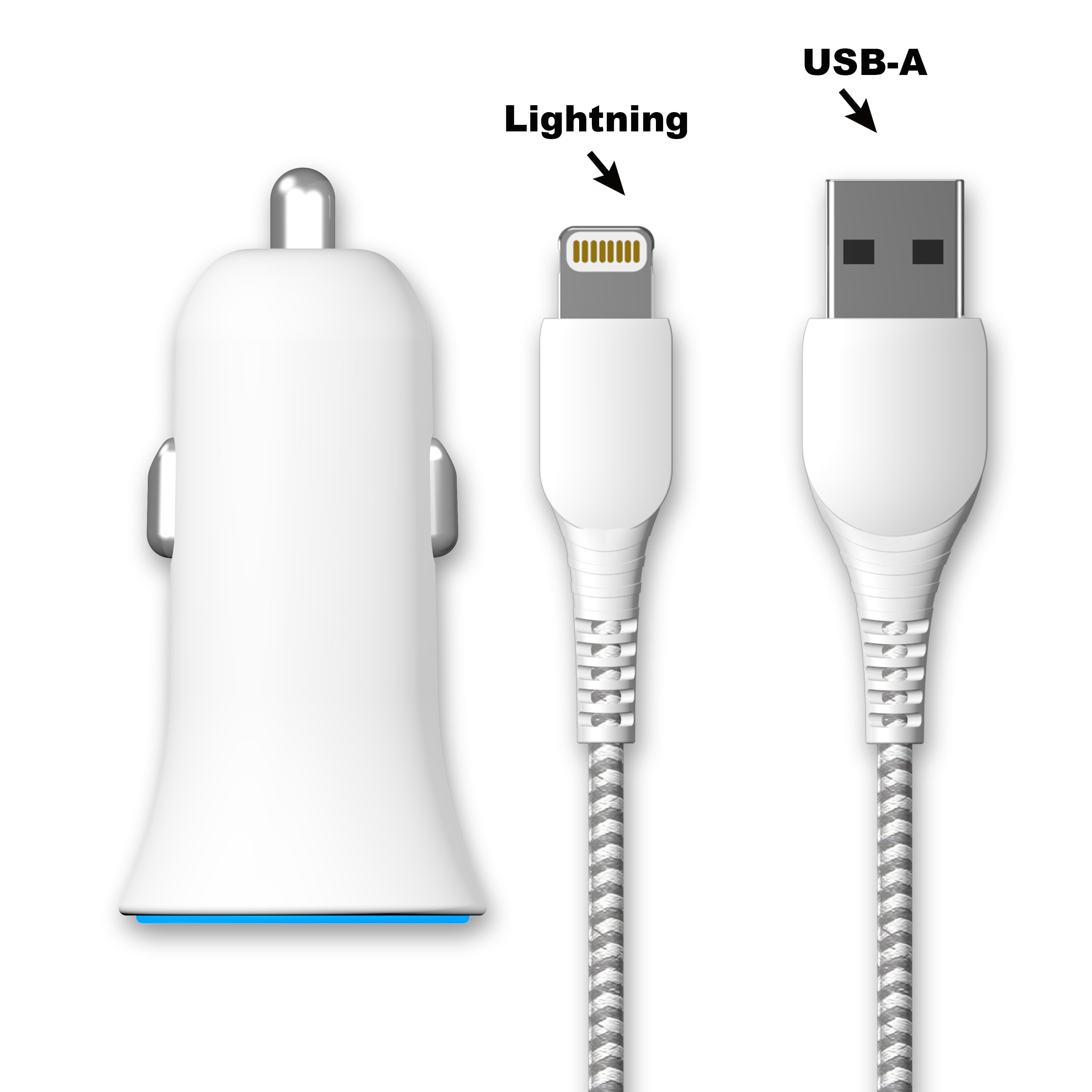 onn. Dual-Port Car Charging Kit with USB-C to USB Cable, White