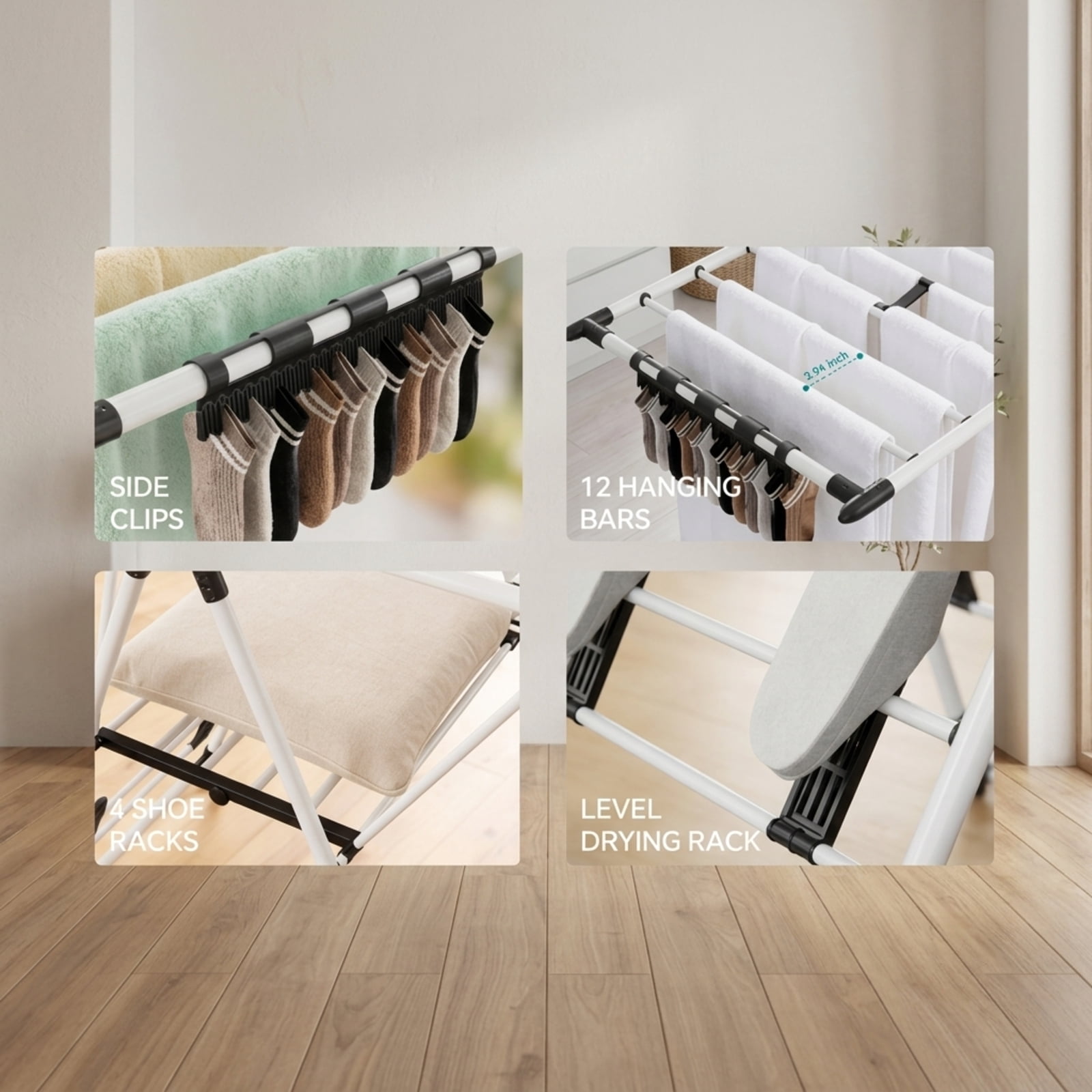 Fenbeli Foldable Clothes Drying Rack, 66 lb Capacity Steel Laundry Rack with Adjustable Wings and Sock Clips, Collapsible Indoor Outdoor Dryer Stand in White+Black